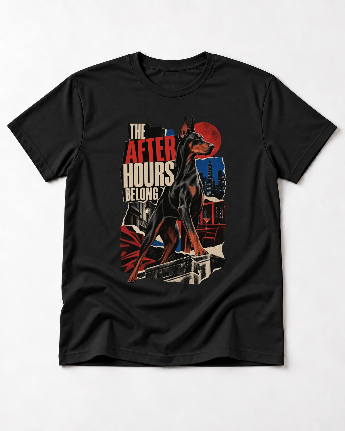 Doberman The After Hours Belong City Collage T-Shirt in Black, flat lay product photo
