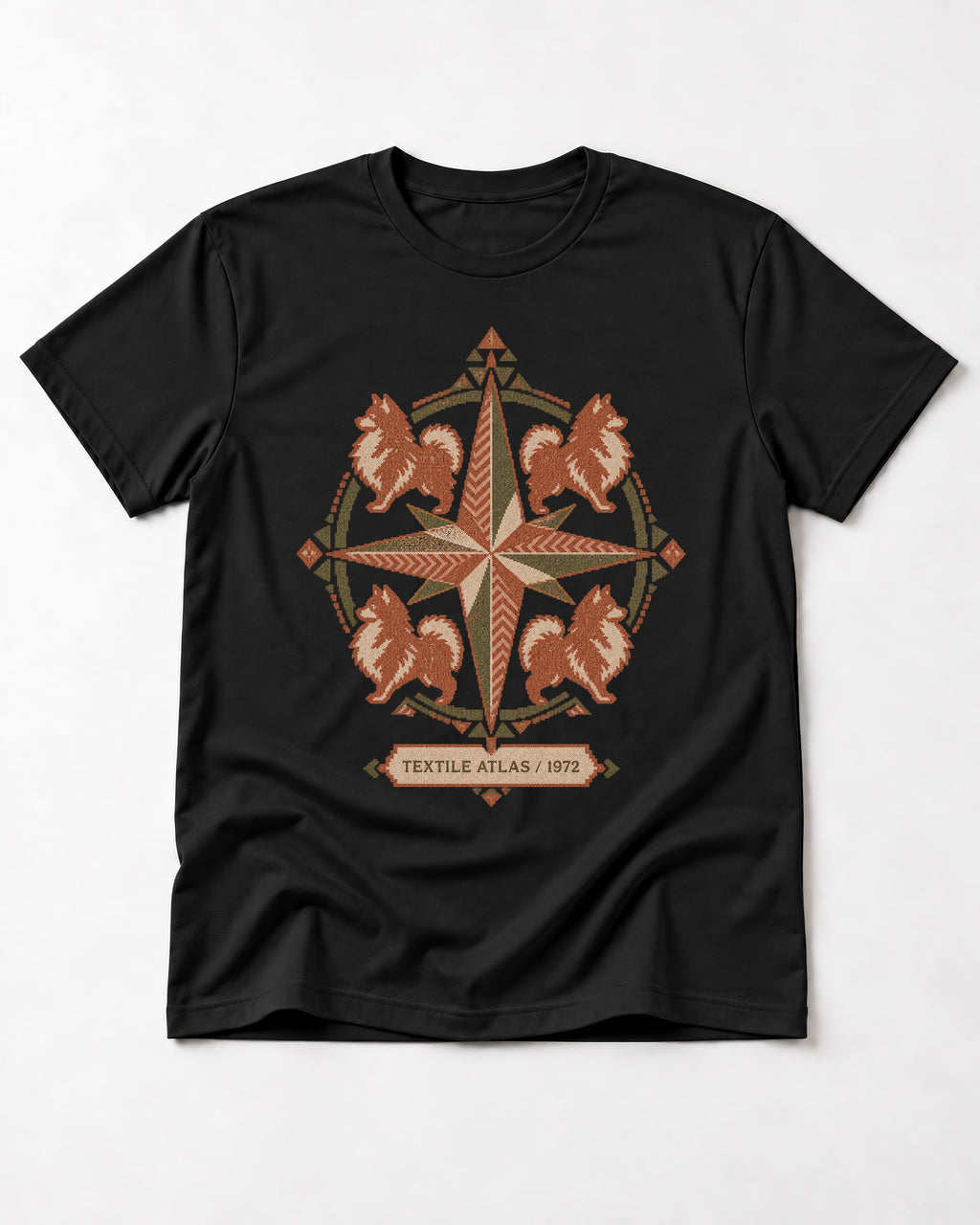 Pomeranian Textile Atlas Compass Rose Graphic T-Shirt in Black, flat lay product photo