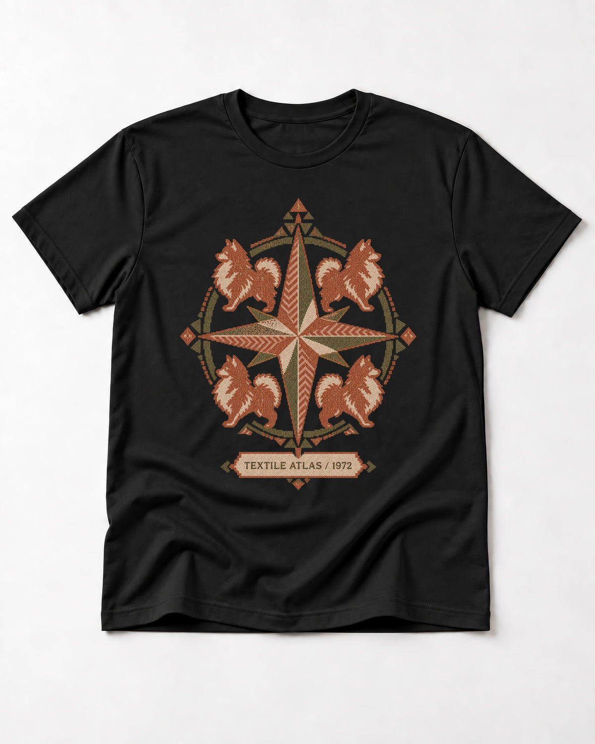 Pomeranian Textile Atlas Compass Rose Graphic T-Shirt in Black, flat lay product photo
