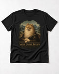 Pomeranian Smile Under Review Renaissance Portrait Graphic T-Shirt in Black, flat lay product photo