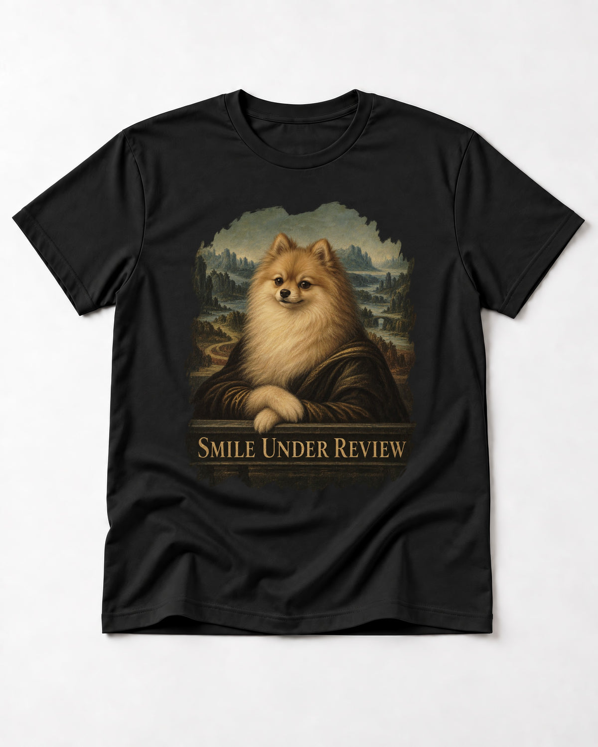 Pomeranian Smile Under Review Renaissance Portrait Graphic T-Shirt in Black, flat lay product photo