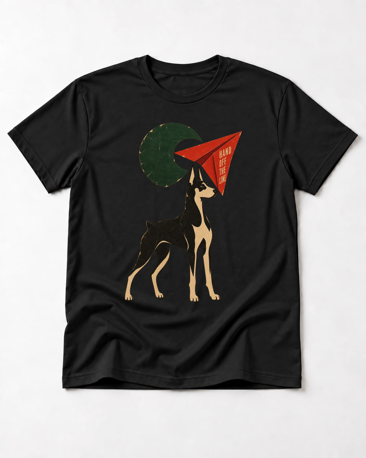 Doberman Hand Off the Line Paper Plane Graphic T-Shirt in Black, flat lay product photo