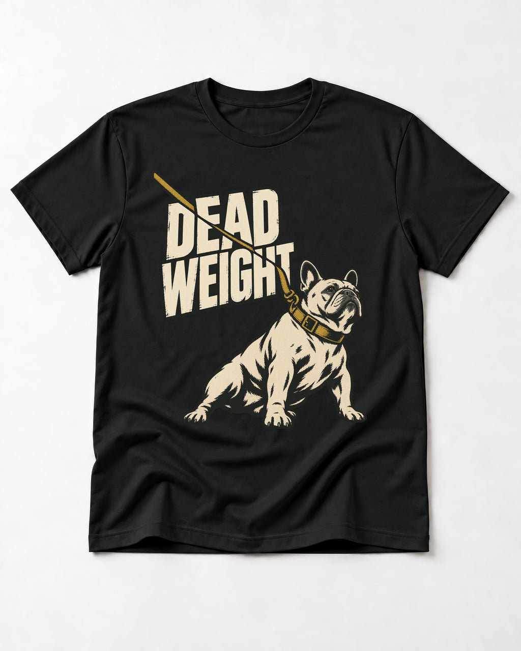 Frenchie Dead Weight Leash Graphic T-Shirt in Black, flat lay product photo