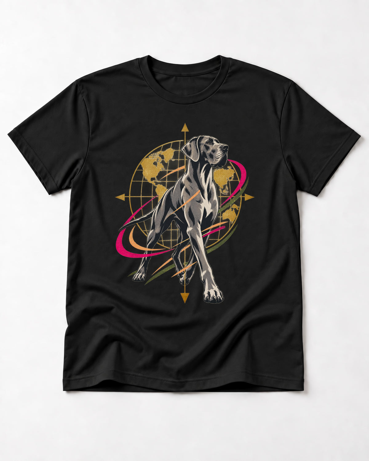 Great Dane Striding Globe Orbit Graphic T-Shirt in Black, flat lay product photo