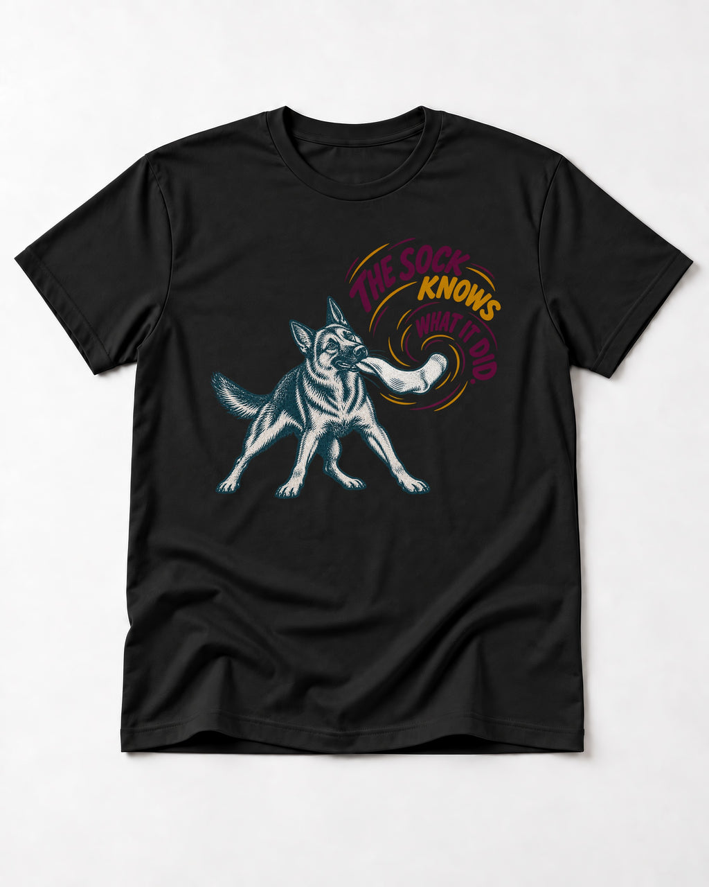 German Shepherd Dog The Sock Knows What I Did Graphic T-Shirt in Black, flat lay product photo