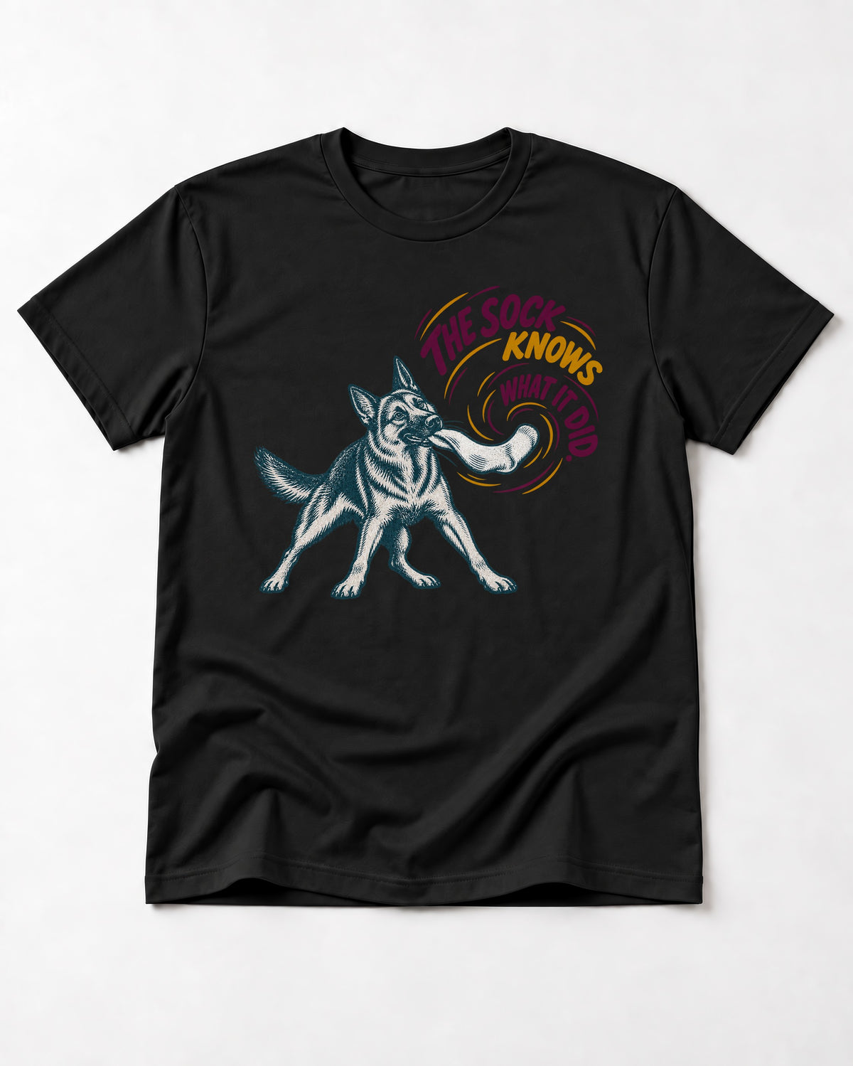 German Shepherd Dog The Sock Knows What I Did Graphic T-Shirt in Black, flat lay product photo