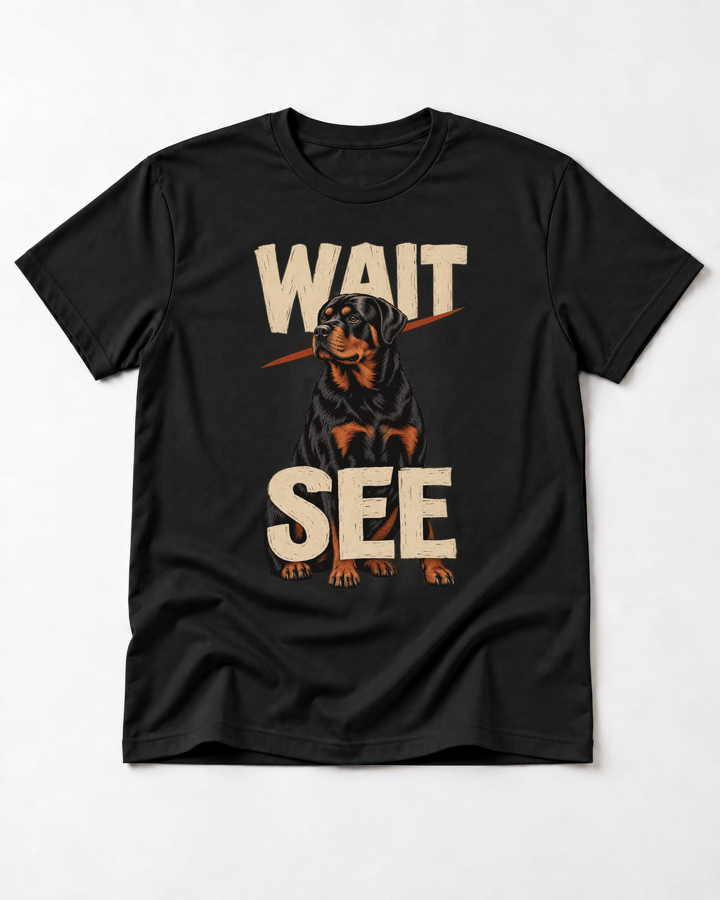 Wait See Rottweiler Seated Slash Graphic T-Shirt in Black, flat lay product photo