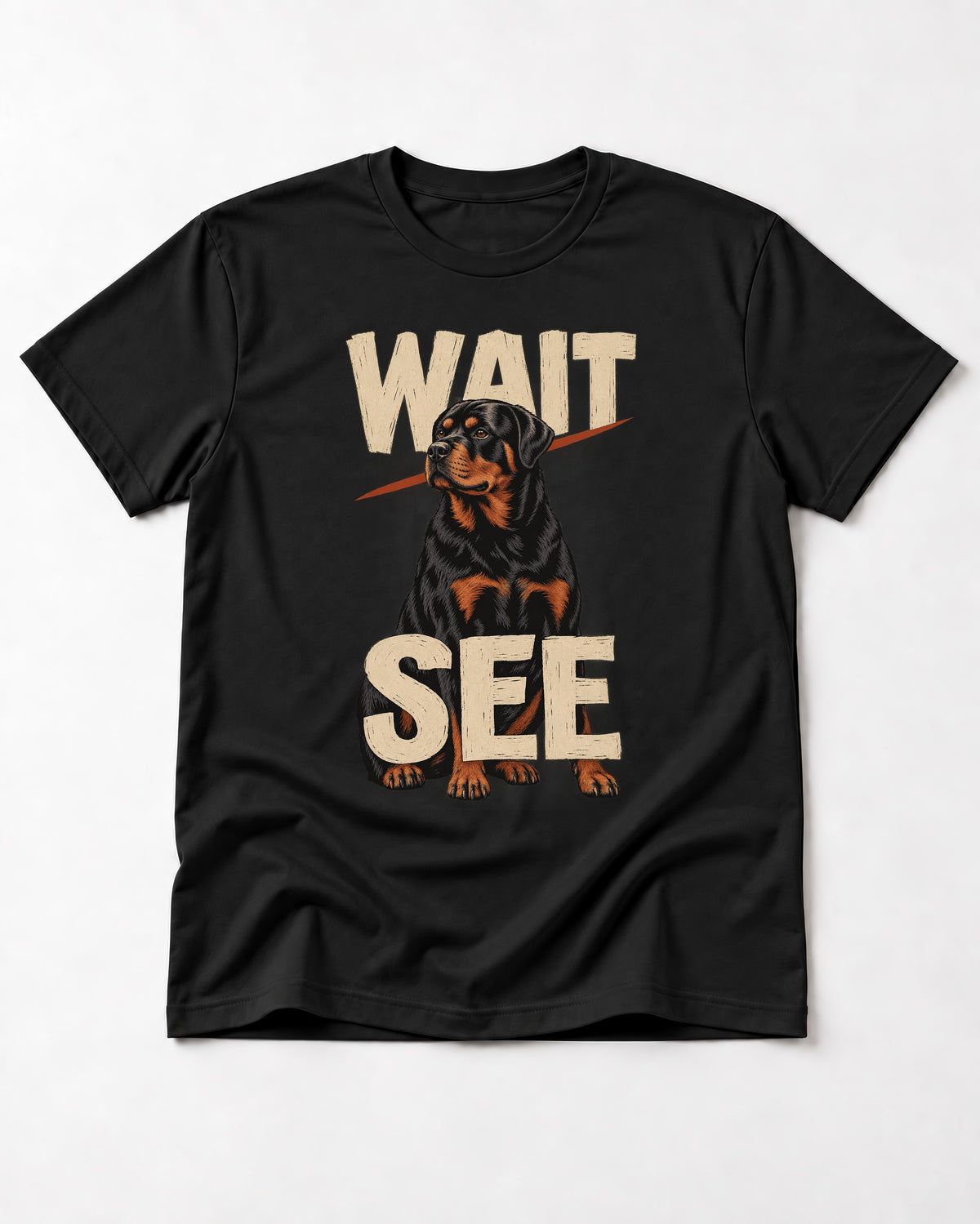 Wait See Rottweiler Seated Slash Graphic T-Shirt in Black, flat lay product photo