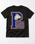 Pitbull Power Can Be Gentle Varsity Graphic T-Shirt in Black, flat lay product photo
