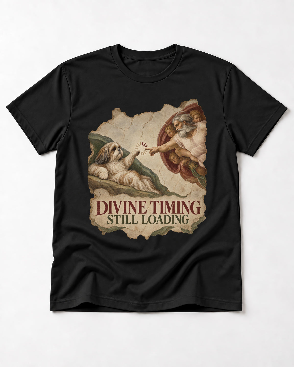 Shih Tzu Divine Timing Still Loading Renaissance Parody Graphic T-Shirt in Black, flat lay product photo