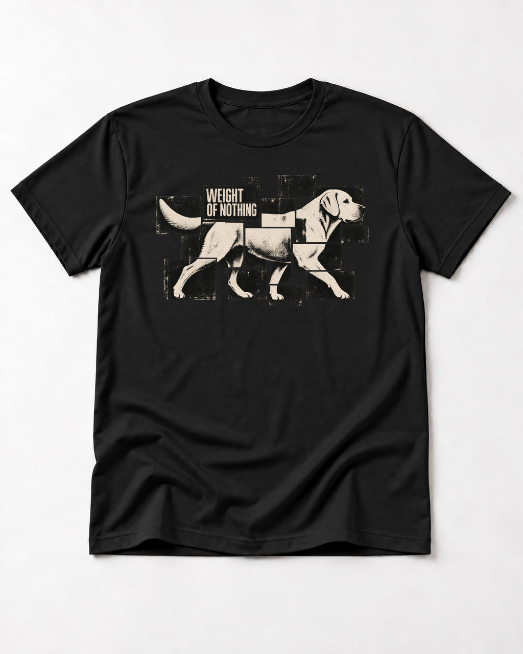 Labrador Retriever Weight of Nothing Fragmented Tile Graphic T-Shirt in Black, flat lay product photo