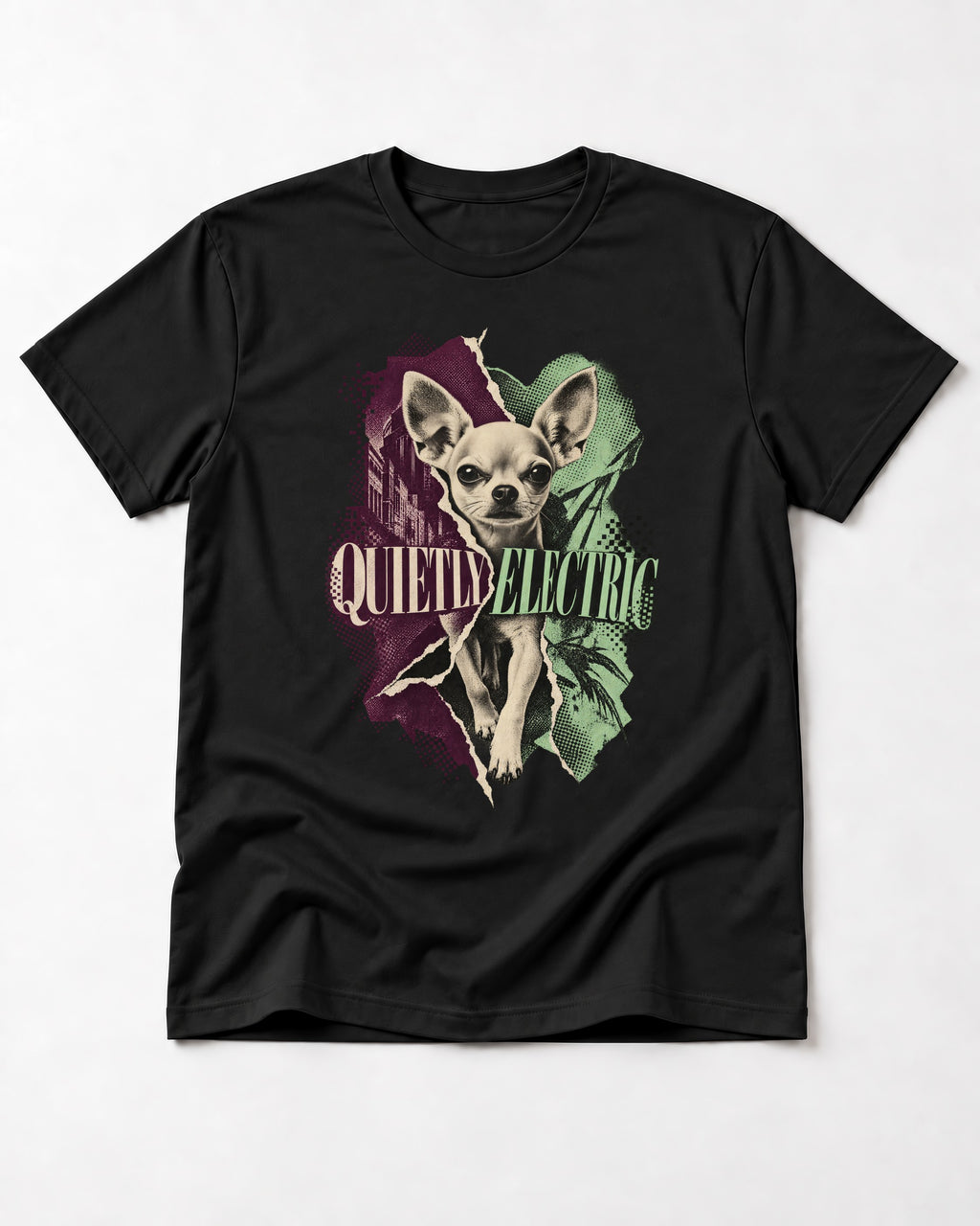 Chihuahua Quietly Electric T-Shirt in Black, flat lay product photo