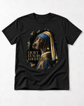 German Shorthaired Pointer Quiet Luxury Loud Eyes Pearl Earring Portrait Graphic T-Shirt in Black, flat lay product photo