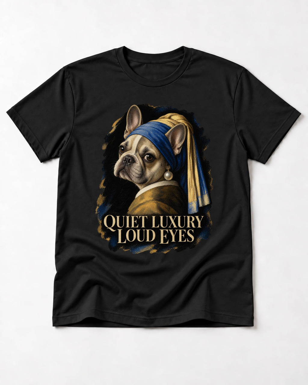 Frenchie Quiet Luxury Loud Eyes Pearl Portrait Graphic T-Shirt in Black, flat lay product photo
