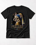 Frenchie Quiet Luxury Loud Eyes Pearl Portrait Graphic T-Shirt in Black, flat lay product photo