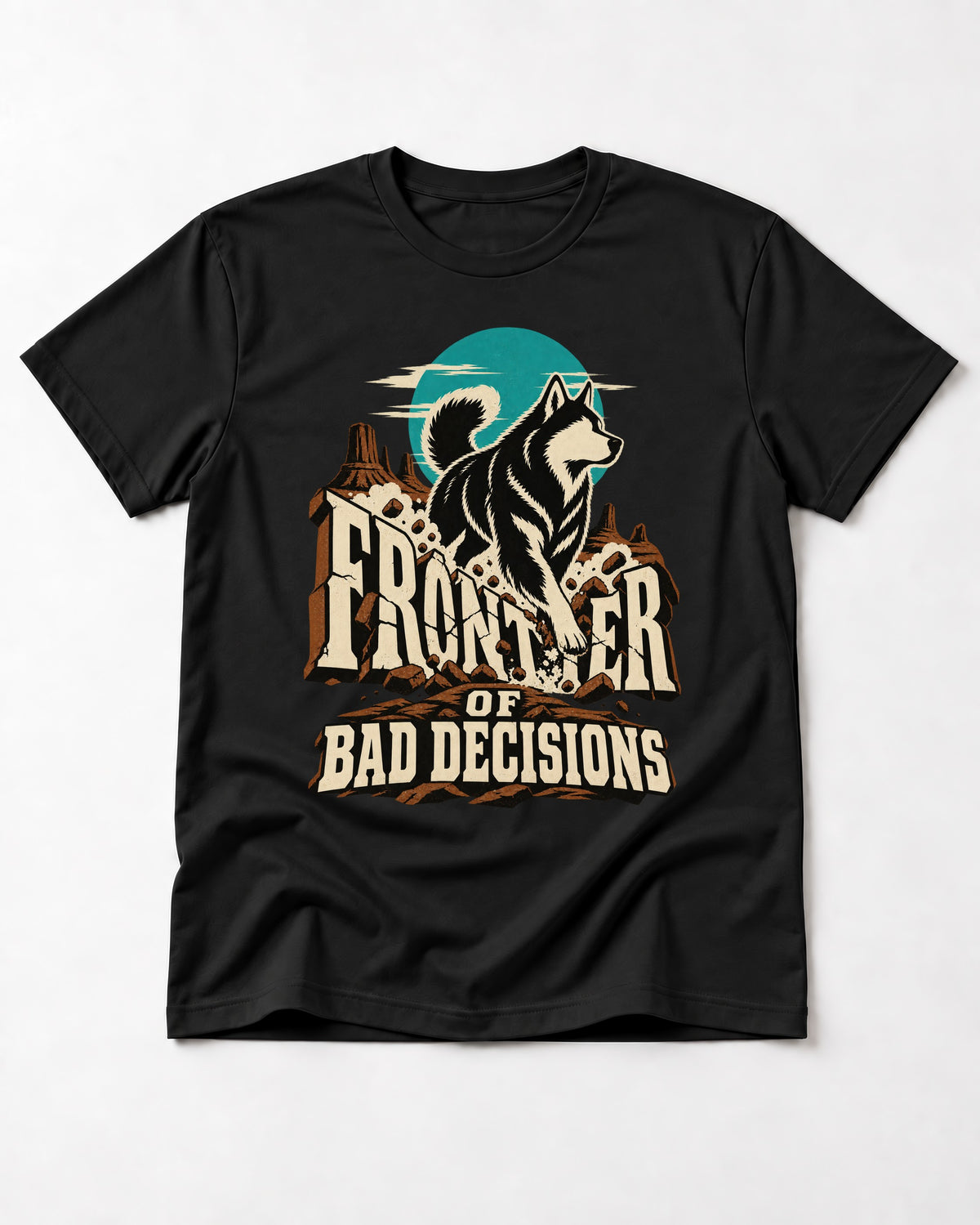 Husky Frontier of Bad Decisions Desert Graphic T-Shirt in Black, flat lay product photo