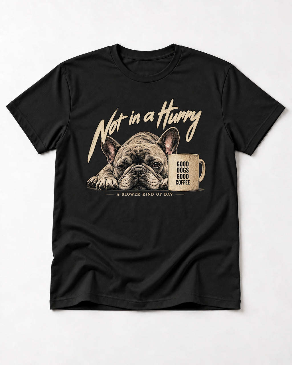 Frenchie Not in a Hurry Coffee Graphic T-Shirt in Black, flat lay product photo