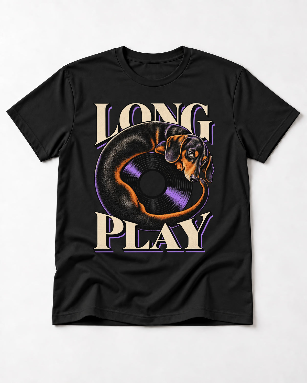 Dachshund Long Play Vinyl Record Graphic T-Shirt in Black, flat lay product photo