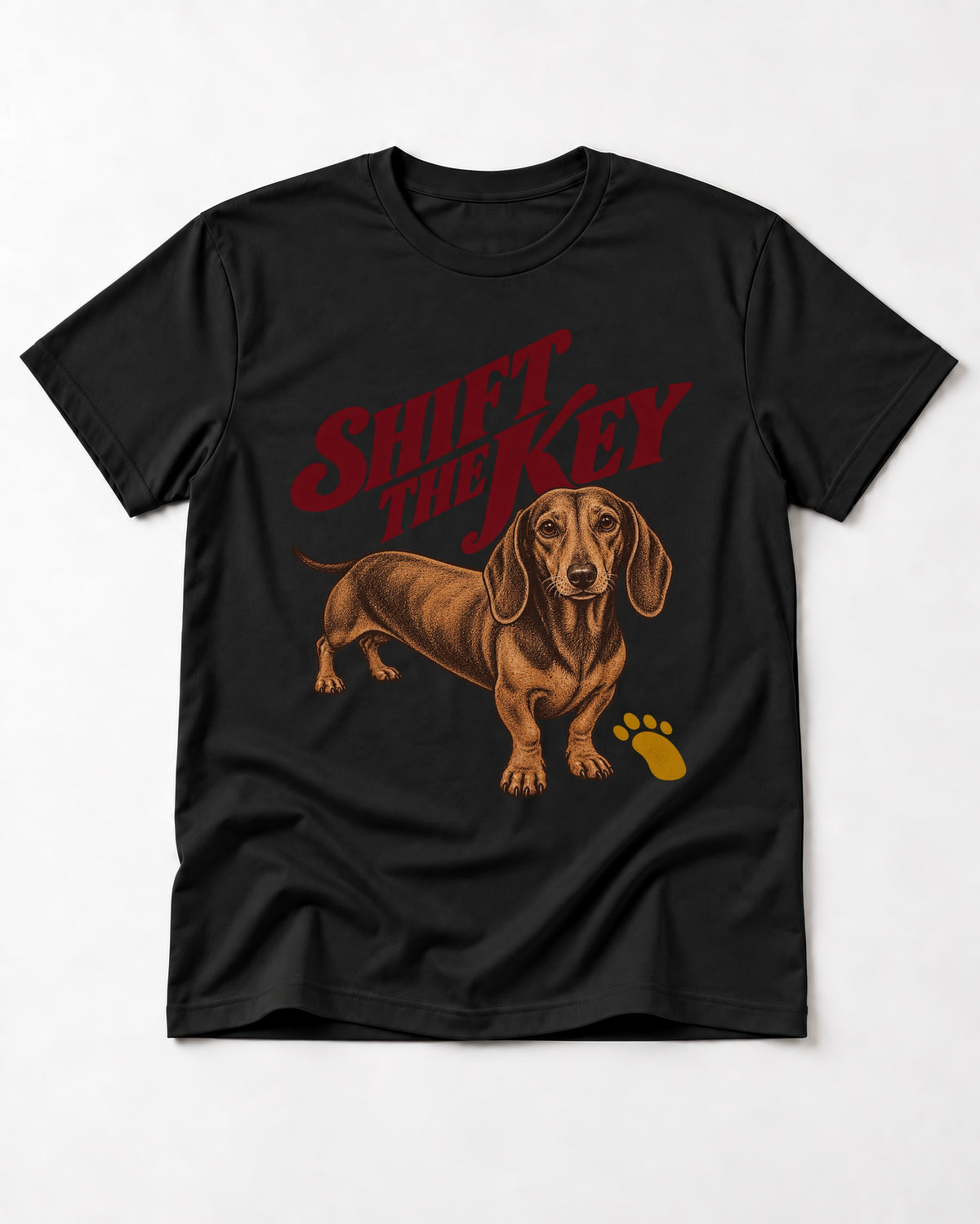 Dachshund Shift The Key Pawprint Graphic T-Shirt in Black, flat lay product photo