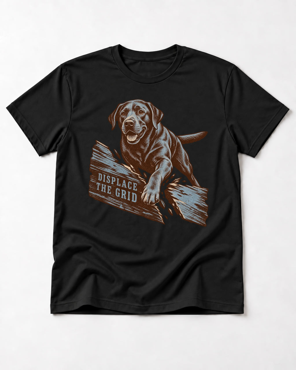 Labrador Retriever Displace the Grid Breaking Plank Graphic T-Shirt in Black, flat lay product photo