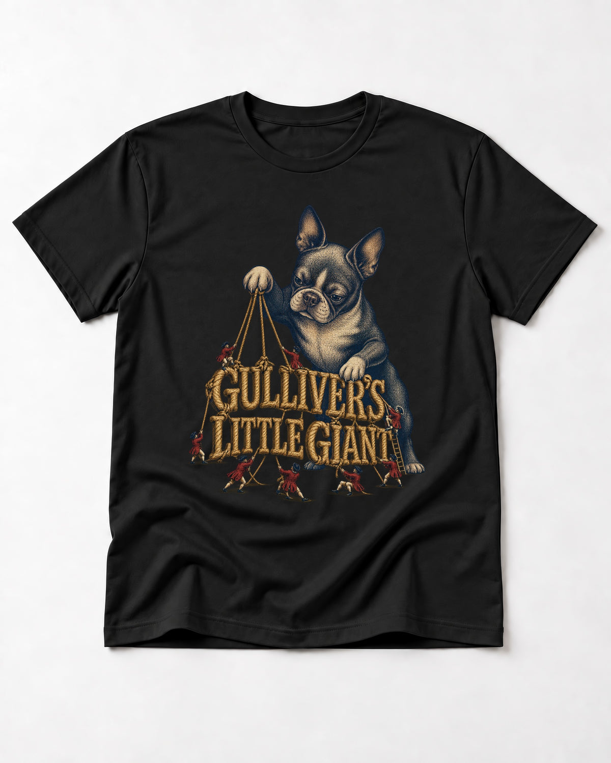 Boston Terrier Gulliver’s Little Giant T-Shirt in Black, flat lay product photo