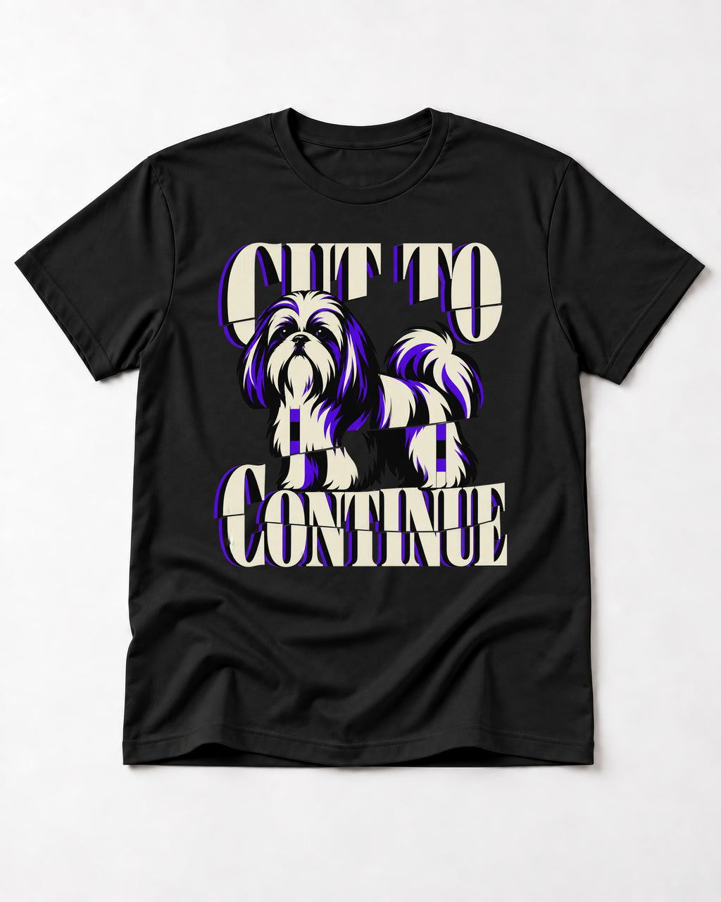 Shih Tzu Cut to Continue Dimensional Typography Graphic T-Shirt in Black, flat lay product photo