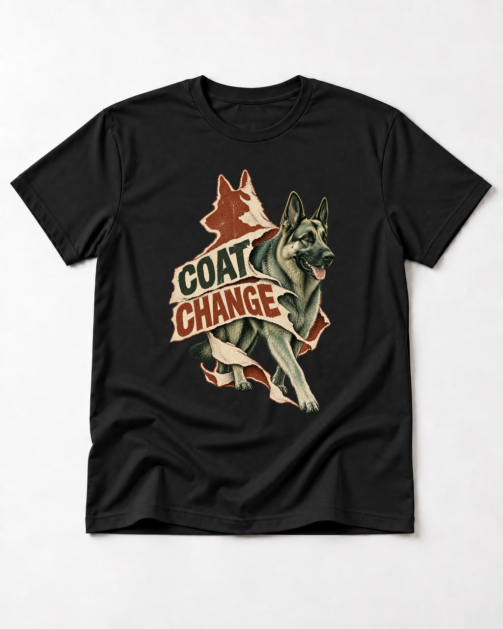 Coat Change Running German Shepherd Dog Ribbon Graphic T-Shirt in Black, flat lay product photo