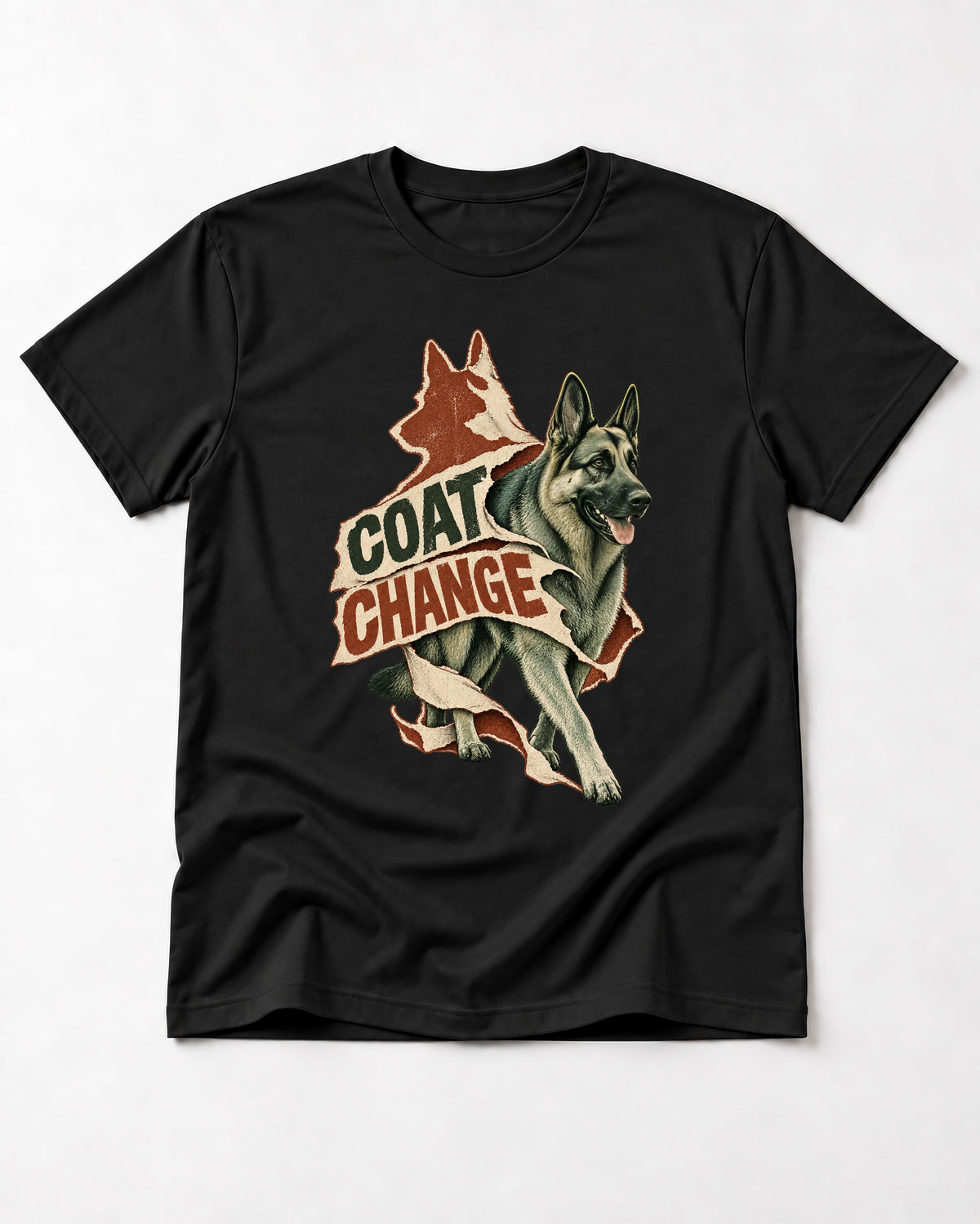 Coat Change Running German Shepherd Dog Ribbon Graphic T-Shirt in Black, flat lay product photo