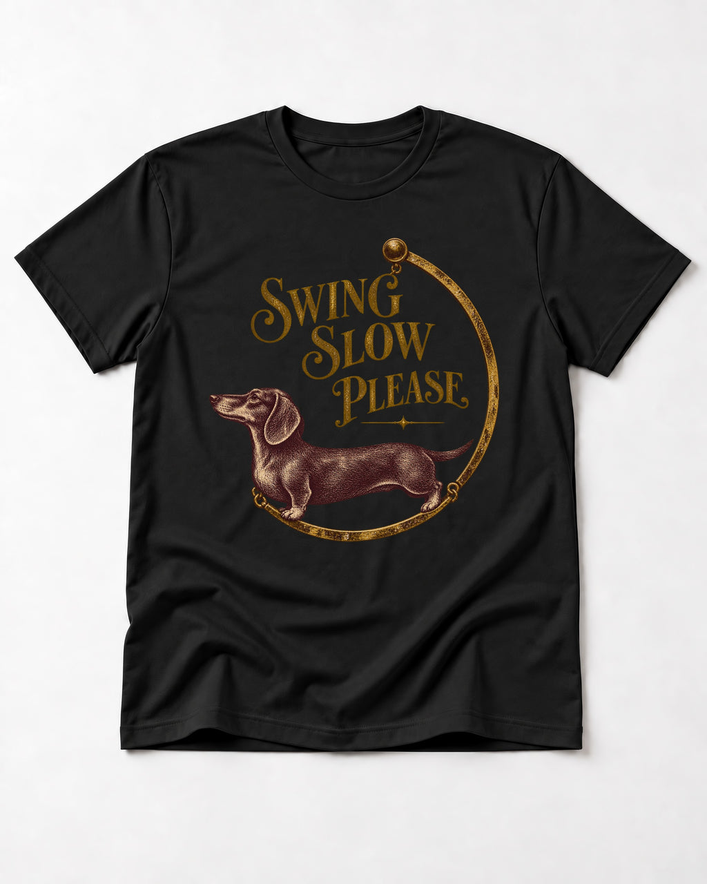 Dachshund Swing Slow Please Necklace Frame Graphic T-Shirt in Black, flat lay product photo