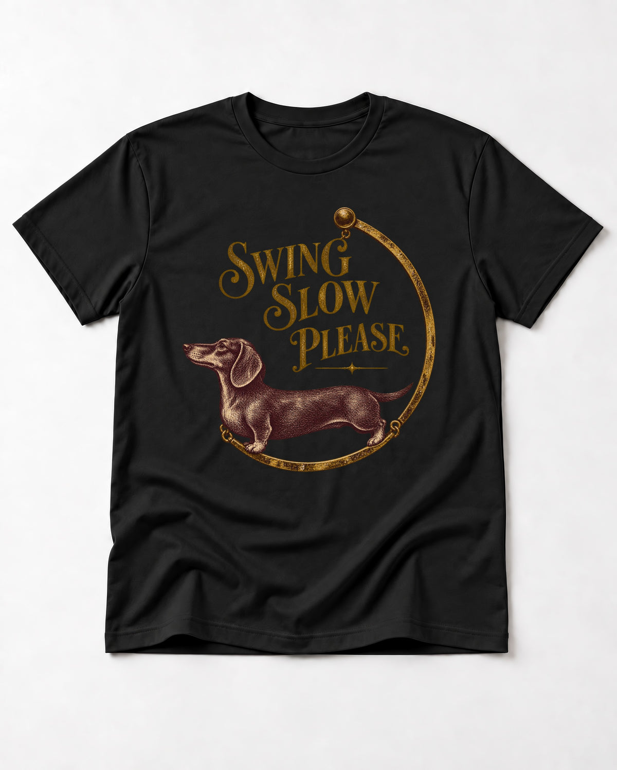 Dachshund Swing Slow Please Necklace Frame Graphic T-Shirt in Black, flat lay product photo