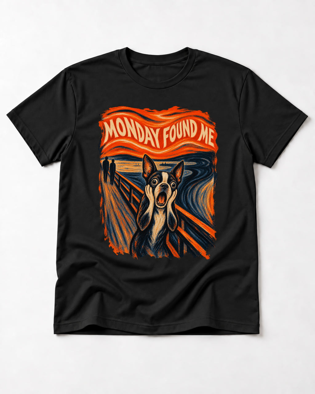Monday Found Me Boston Terrier Scream Graphic T-Shirt in Black, flat lay product photo