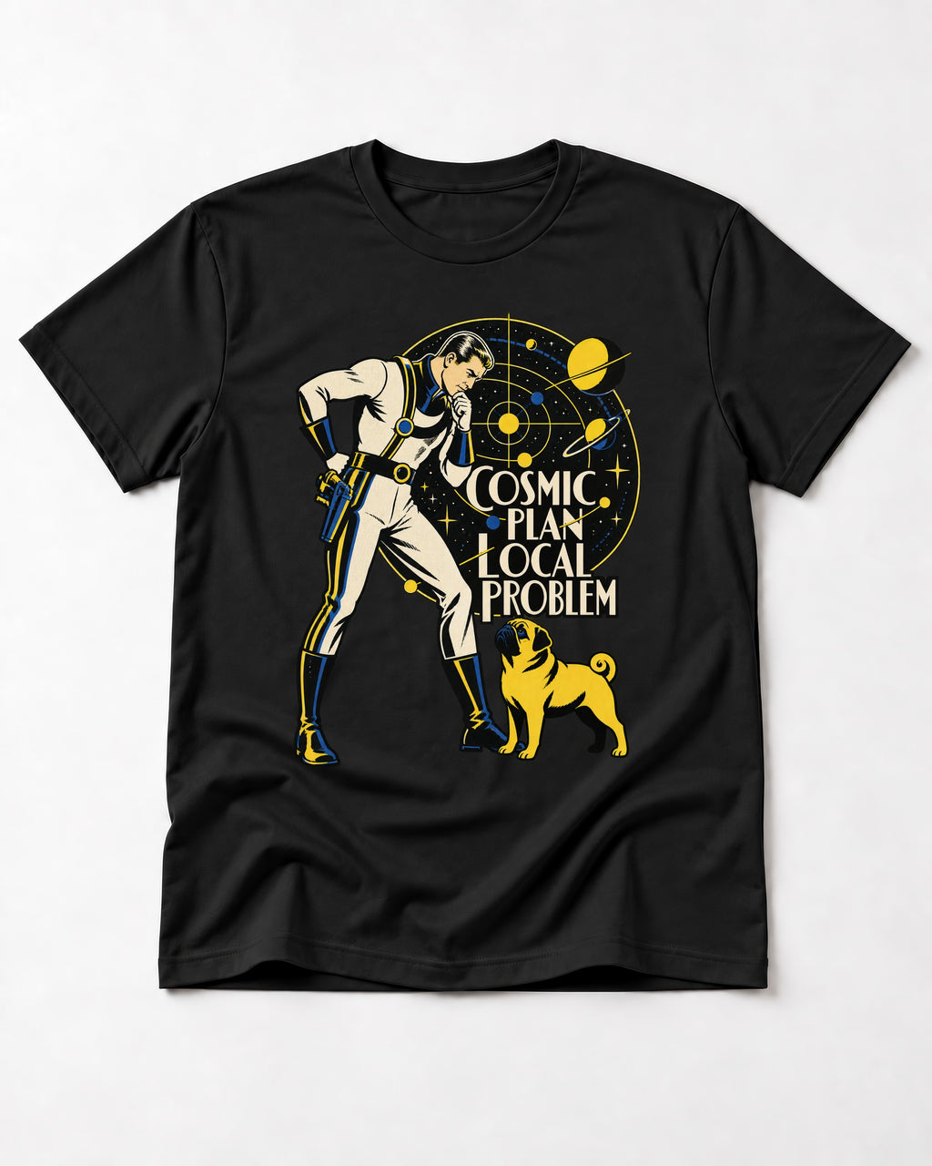 Pug Cosmic Plan Local Problem Astronaut Graphic T-Shirt in Black, flat lay product photo