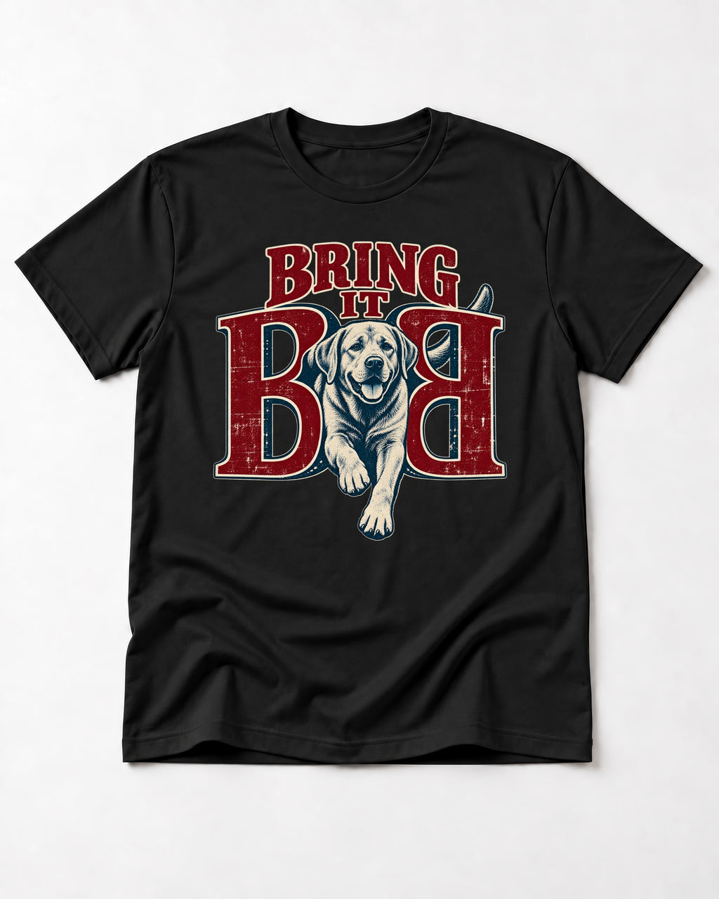 Labrador Retriever Bring It Opposing B Portrait Graphic T-Shirt in Black, flat lay product photo