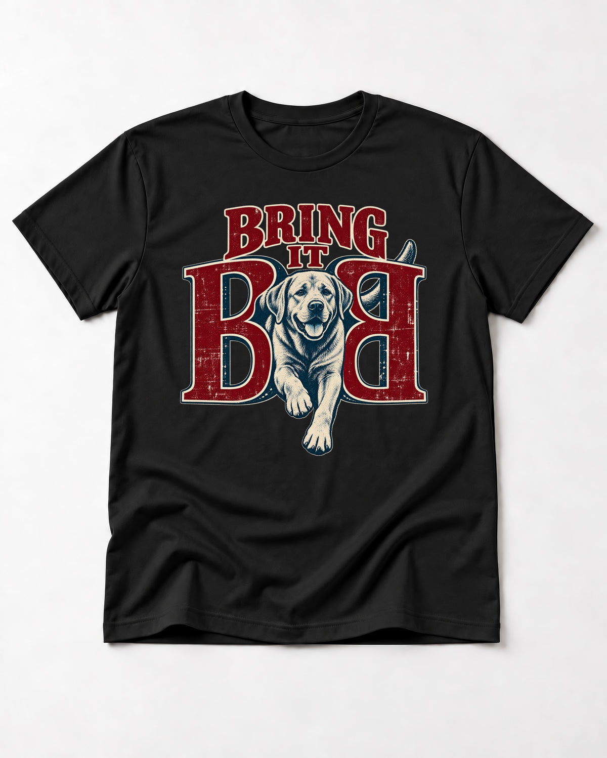 Labrador Retriever Bring It Opposing B Portrait Graphic T-Shirt in Black, flat lay product photo
