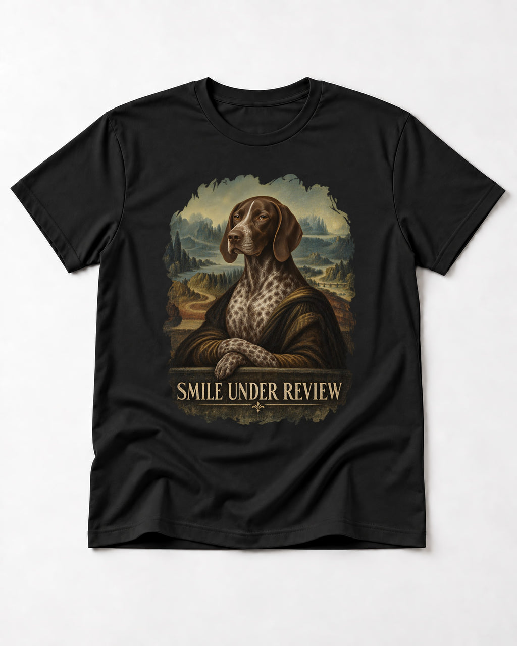 German Shorthaired Pointer Smile Under Review Renaissance Portrait Graphic T-Shirt in Black, flat lay product photo