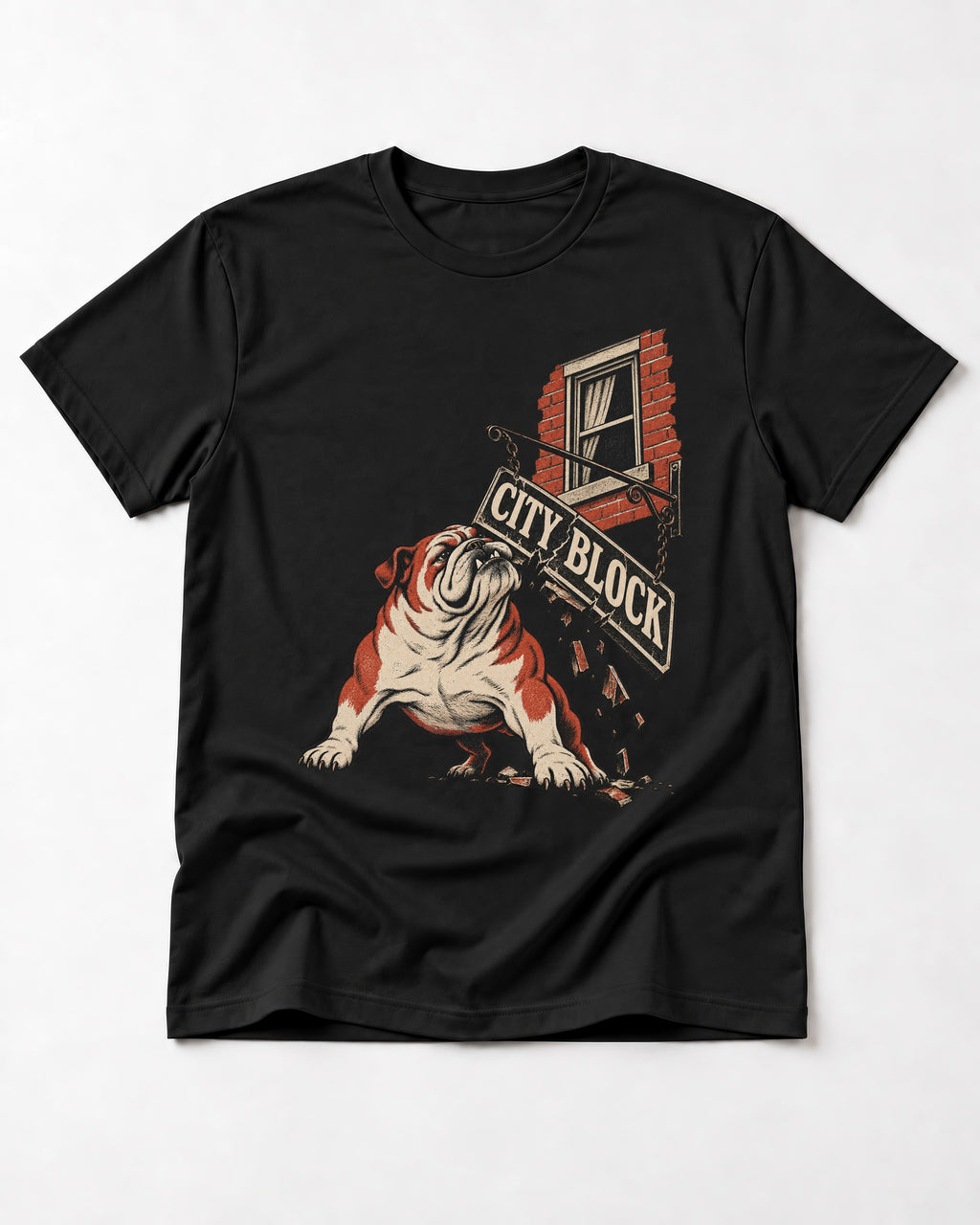 English Bulldog City Block Breaking Sign Graphic T-Shirt in Black, flat lay product photo
