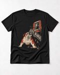 English Bulldog City Block Breaking Sign Graphic T-Shirt in Black, flat lay product photo