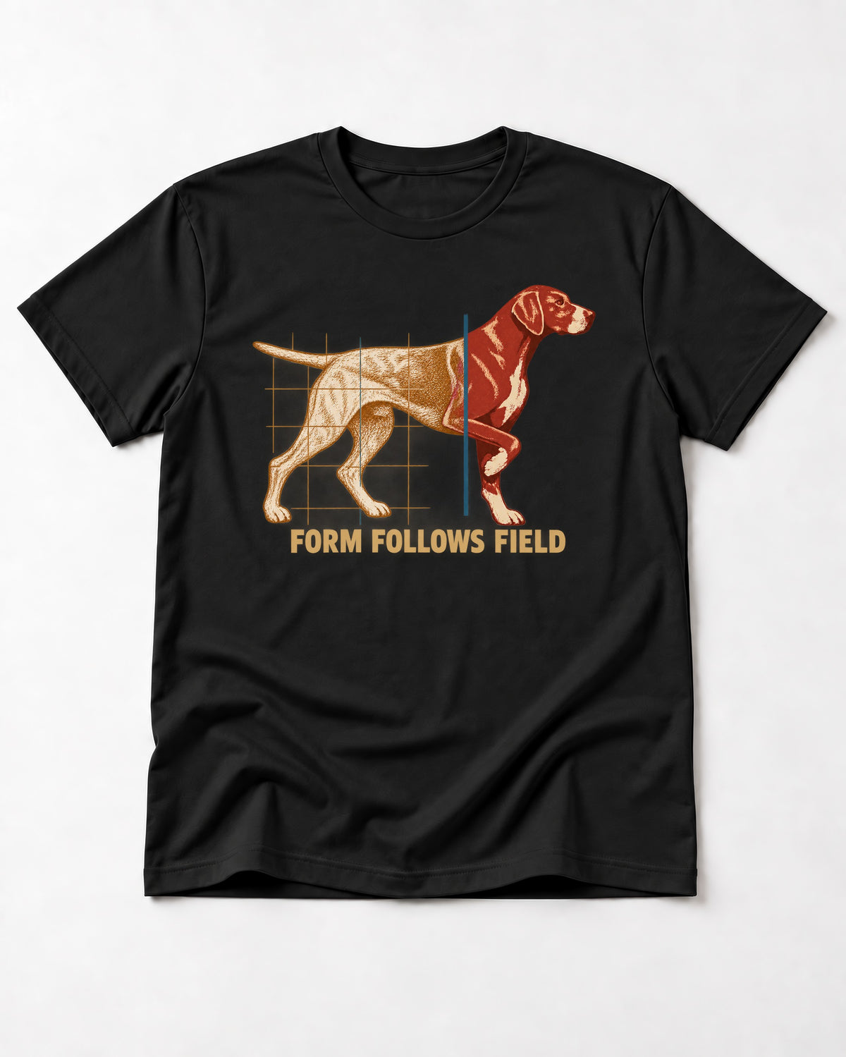 German Shorthaired Pointer Form Follows Field Grid Graphic T-Shirt in Black, flat lay product photo