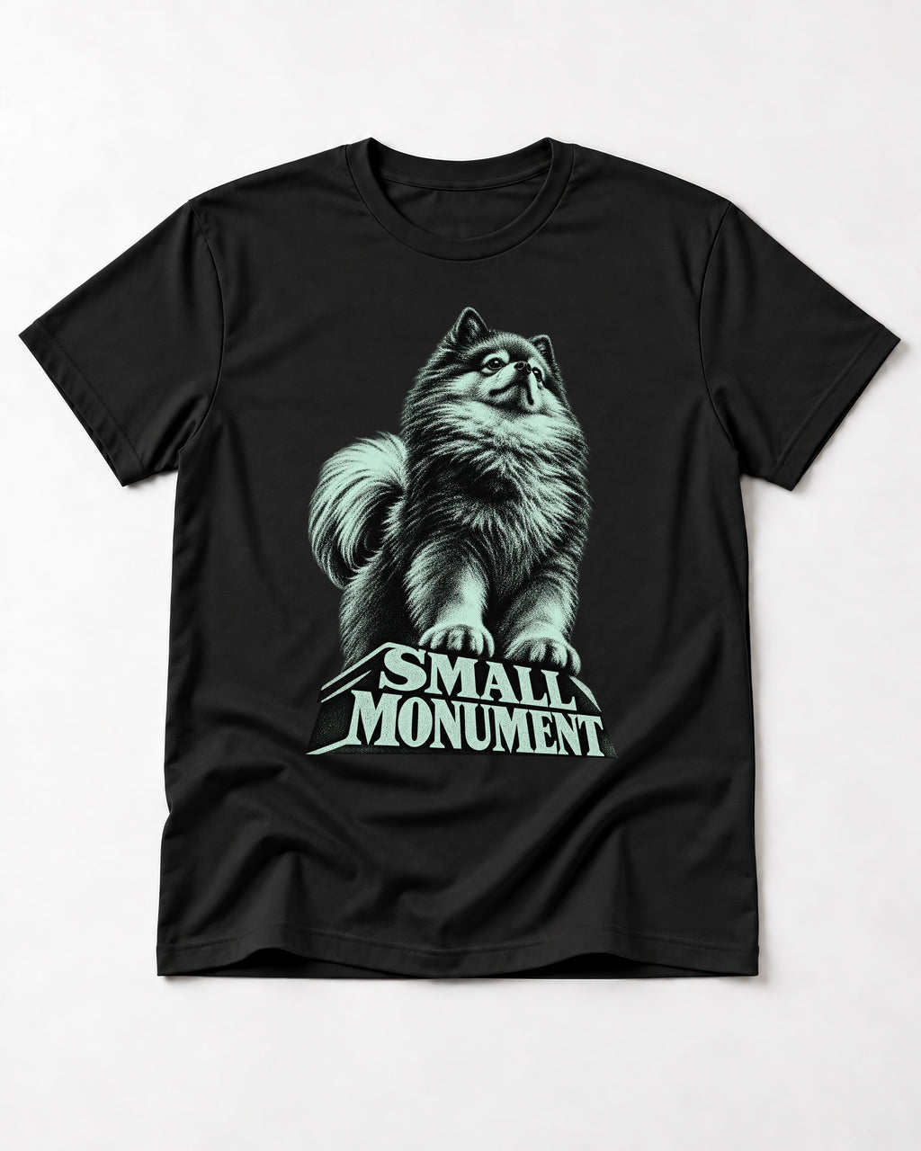 Pomeranian Small Monument Pedestal Graphic T-Shirt in Black, flat lay product photo