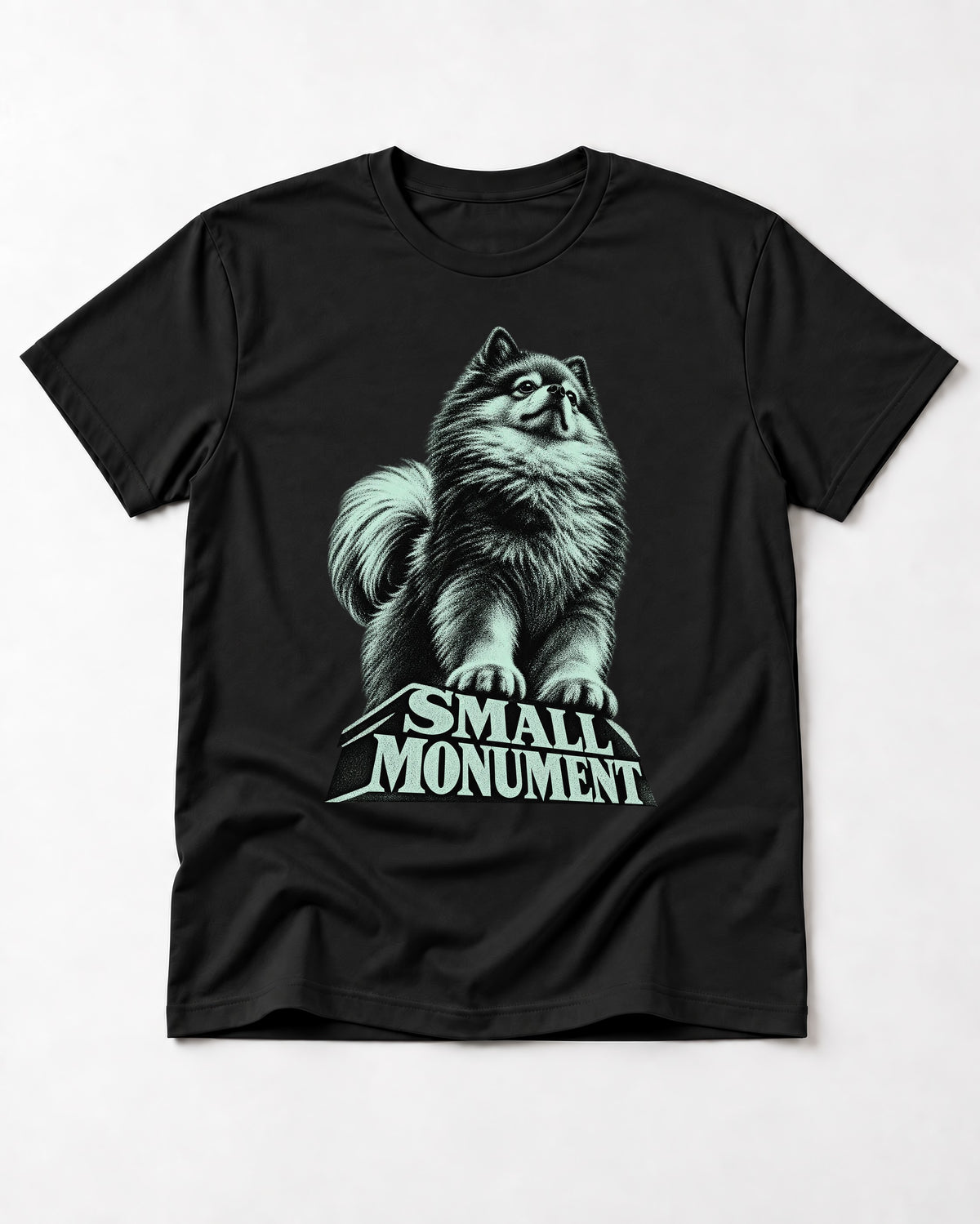 Pomeranian Small Monument Pedestal Graphic T-Shirt in Black, flat lay product photo