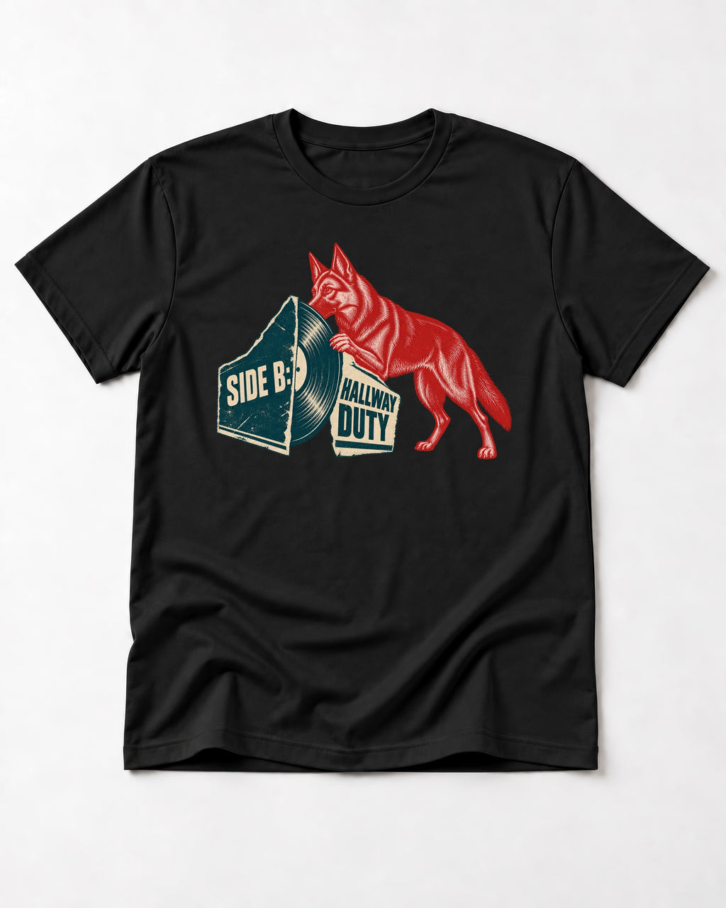 Side B Hallway Duty Vinyl Record German Shepherd Dog Graphic T-Shirt in Black, flat lay product photo