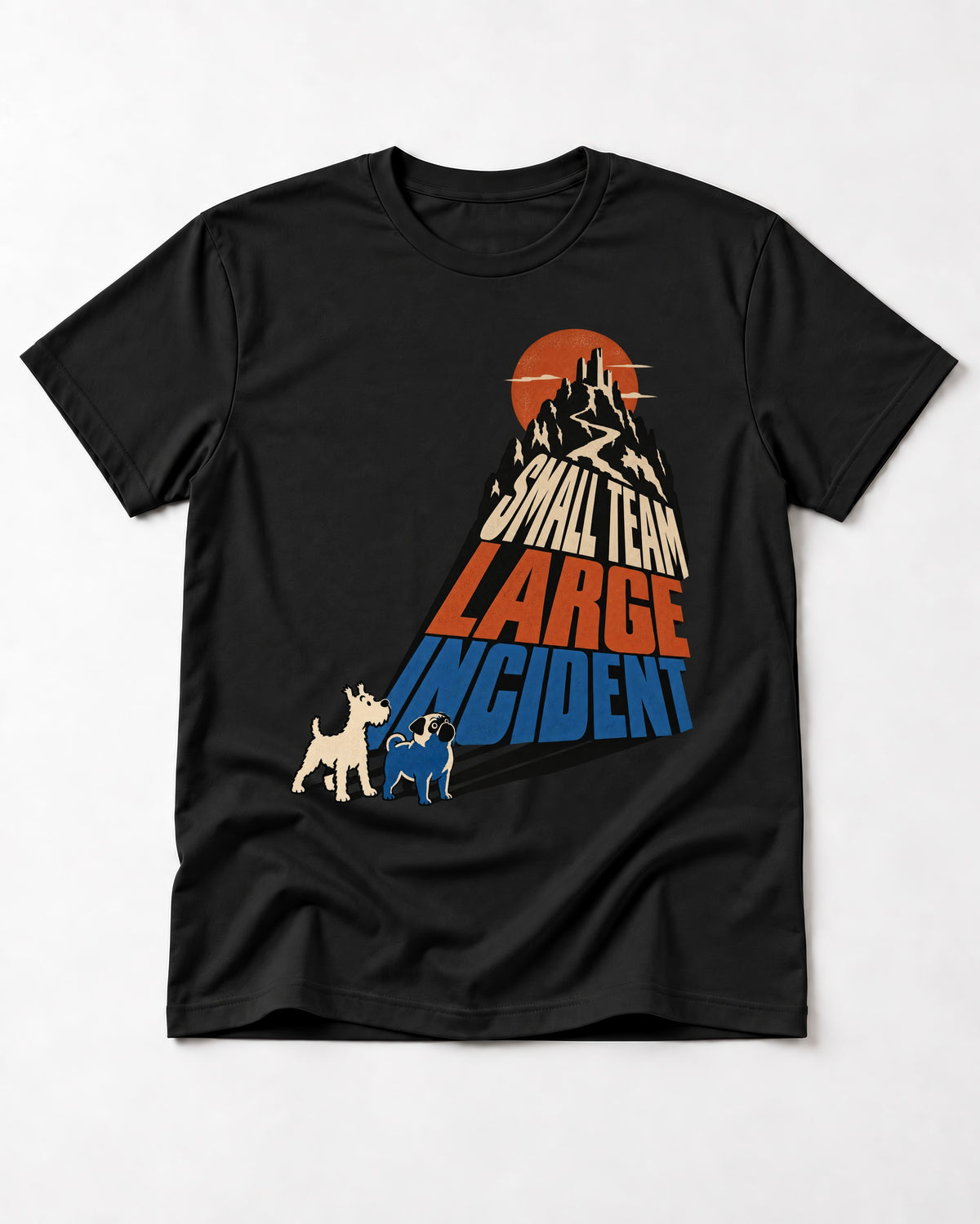 Pug Small Team Large Incident Mountain Graphic T-Shirt in Black, flat lay product photo