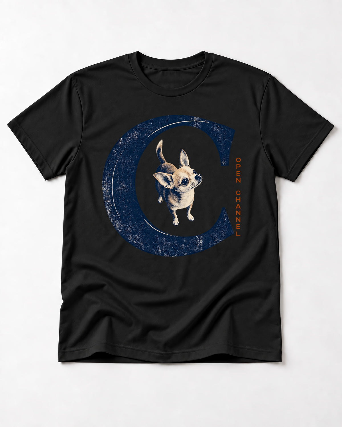 Chihuahua Open Channel T-Shirt in Black, flat lay product photo