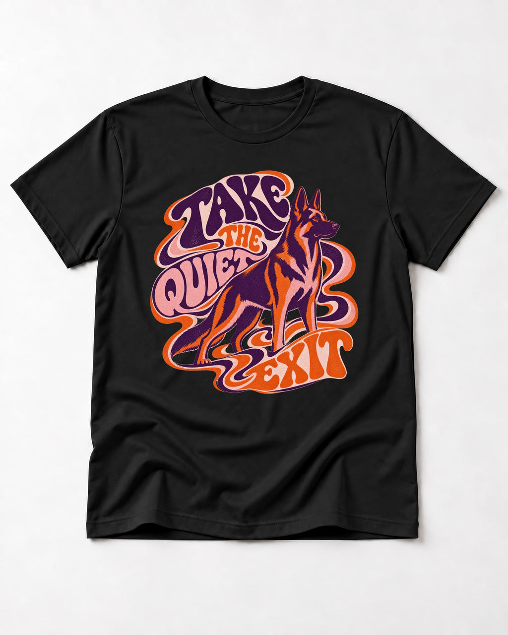 Take The Quiet Exit Psychedelic German Shepherd Dog Graphic T-Shirt in Black, flat lay product photo