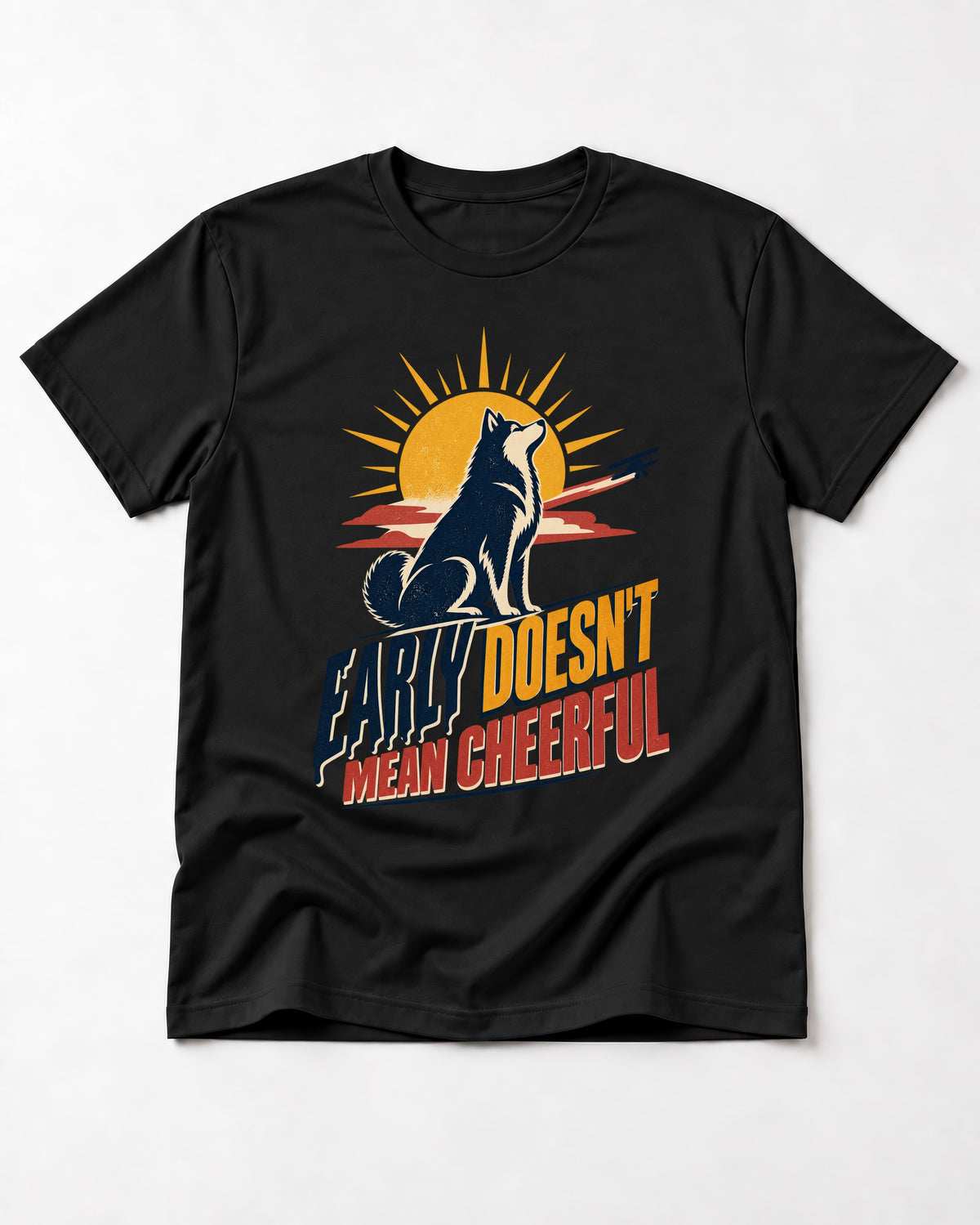 Husky Early Doesnt Mean Cheerful Sunrise Airplane Graphic T-Shirt in Black, flat lay product photo