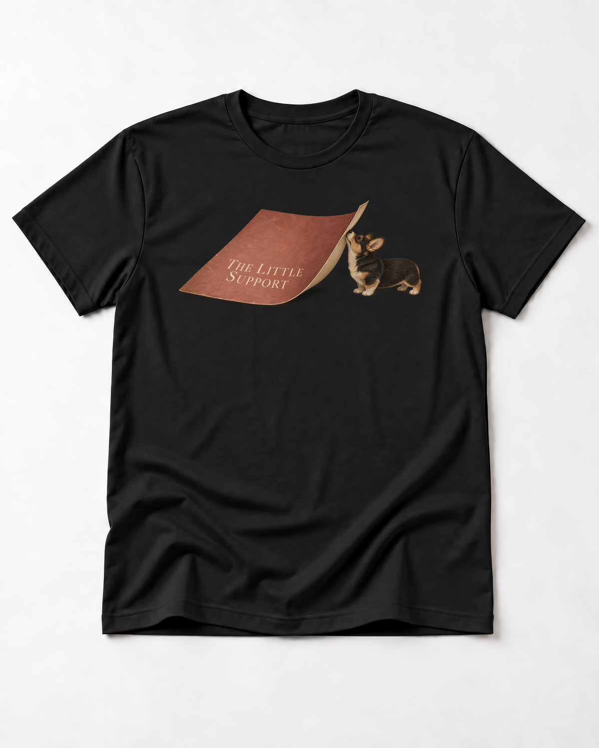 Corgi The Little Support Paper Graphic T-Shirt in Black, flat lay product photo