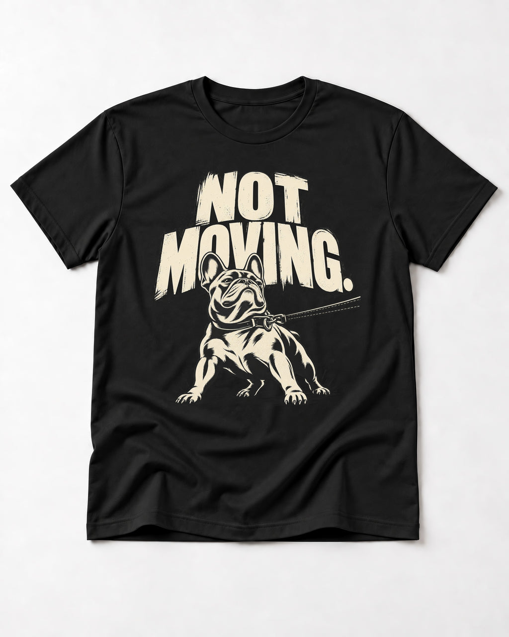 Frenchie Not Moving Taut Leash Poster T-Shirt in Black, flat lay product photo