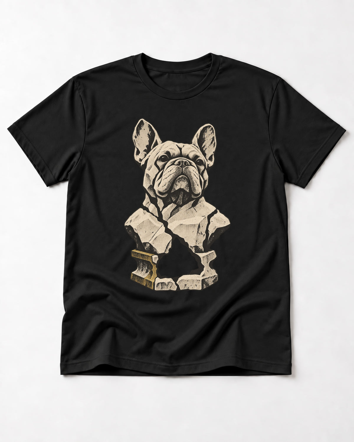 Frenchie Fractured Stone Bust Graphic T-Shirt in Black, flat lay product photo
