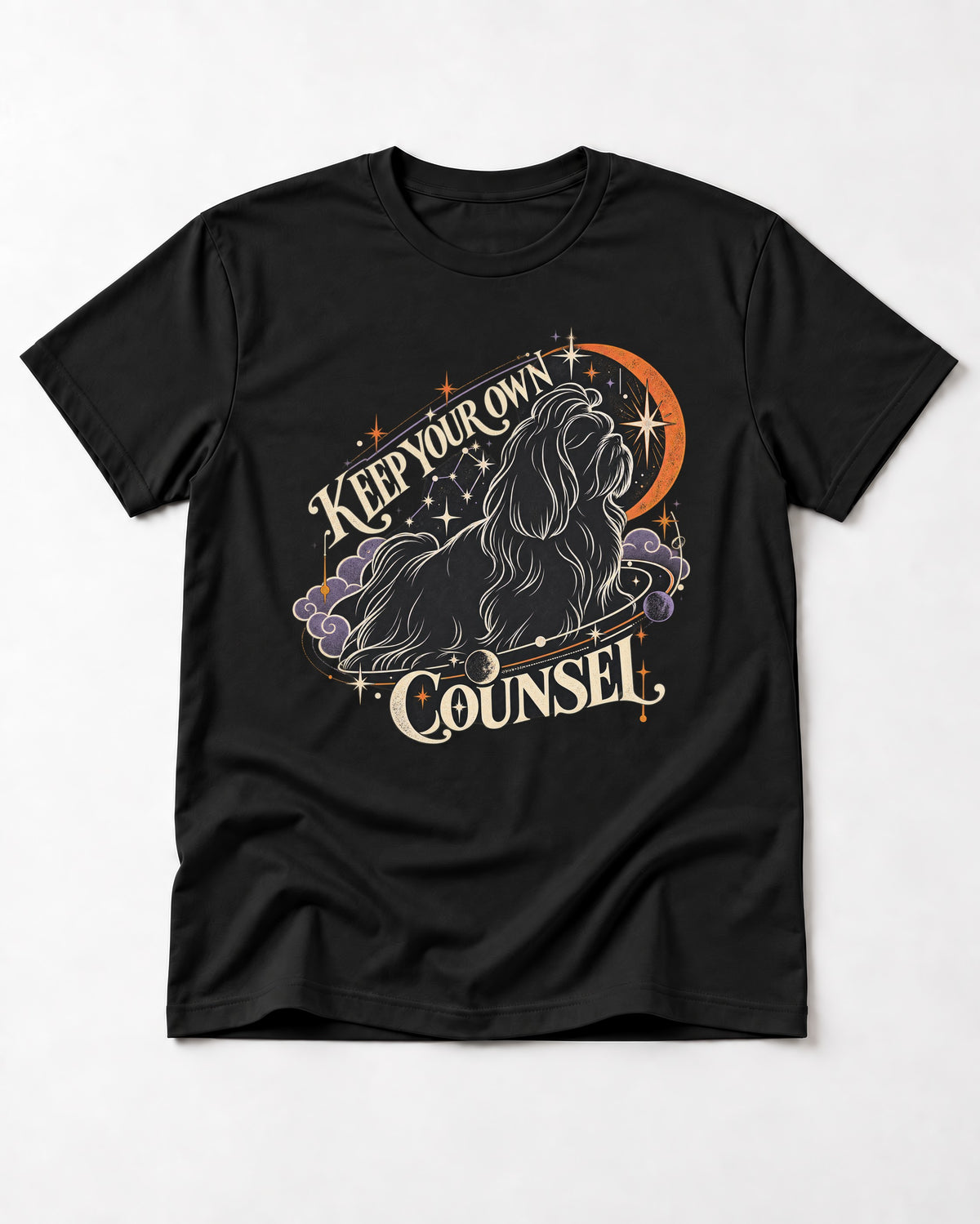 Shih Tzu Keep Your Own Counsel Celestial Graphic T-Shirt in Black, flat lay product photo