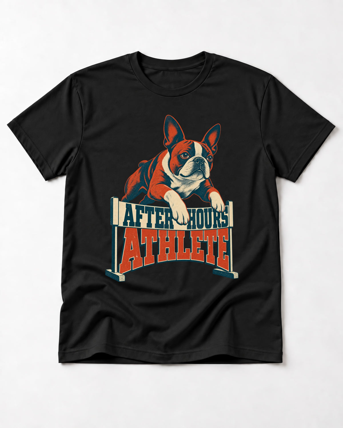 After Hours Athlete Boston Terrier T-Shirt in Black, flat lay product photo